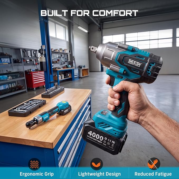 Seesii 1/2" Impact Wrench & 3/8" Ratchet Combo Kit for Auto Repair | 738 ft-lbs brushless impact gun & 60 ft-lbs ratchet, 2×4.0Ah batteries & charger, sockets & tool bag, for construction/DIY