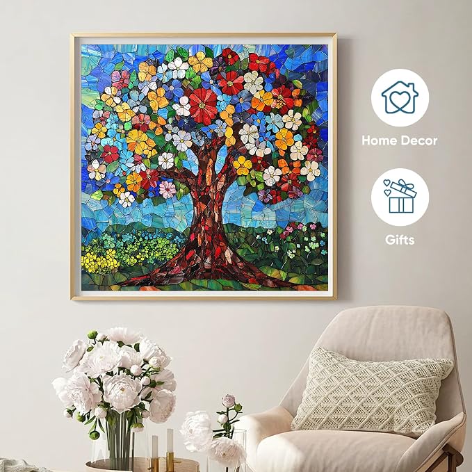 Delobil Mosaic Art Flower Tree Wooden Puzzle for Adults, 5mm Thick Stained Glass with 200 Unique Shaped Pieces, Challenge Puzzle Gift for Adults, 11.2 x 11.2 Inches
