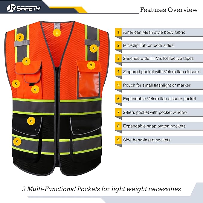 JKSafety 9 Pockets Hi-Vis Fluorescent Color Mesh Reflective Safety Vest for Men Women | Chaleco de seguridad para hombres y mujeres (100-Orange-Black 5XL)