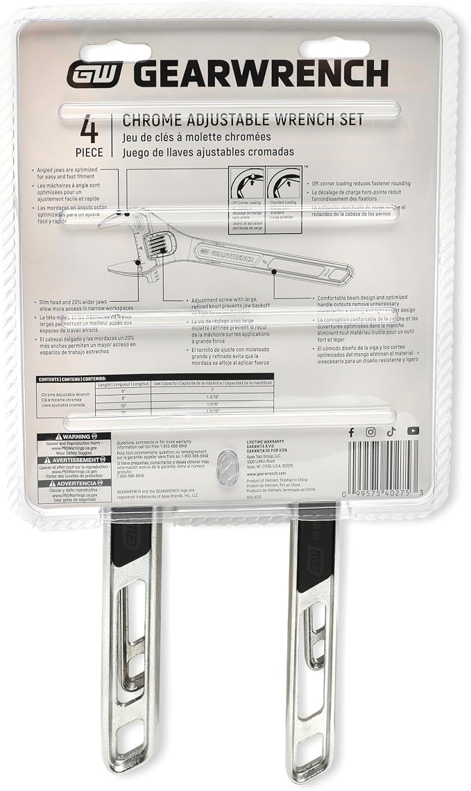 GEARWRENCH 4 Piece 6", 8", 10", 12" Chrome Adjustable Wrench Set | 89755