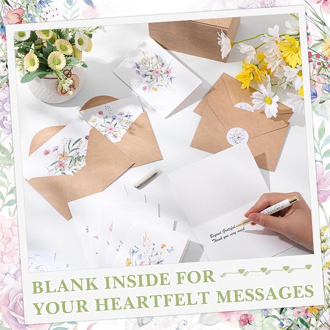 Maitys 200 Set Wildflower Blank Cards and Envelopes Bulk 4x6 Inch Blank Greeting Cards with Envelopes & Stickers 10 Elegant Designs Floral Notecards for Wedding Bridal Showers Anniversary Events