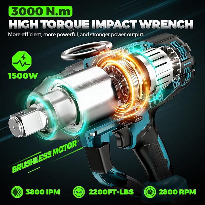 Cordless Impact Wrench 1 Inch, 3000N.m High Torque Impact Wrench Heavy Duty with Auxiliary Handle, Brushless Electric Impact Gun, 2x 5.5Ah Battery, Variable Speeds for Car Tire Lug Nut Removal Tool