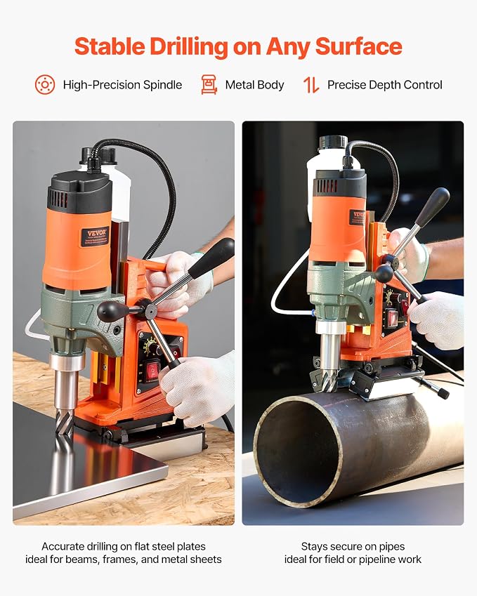 VEVOR Magnetic Drill Press, 1400 W, 2 inch Boring Diameter, 0-750 RPM Speed, Reversible Direction, Mag Drill Press for Metal Surface, Electric Drilling Machine for Industrial and Home Improvement