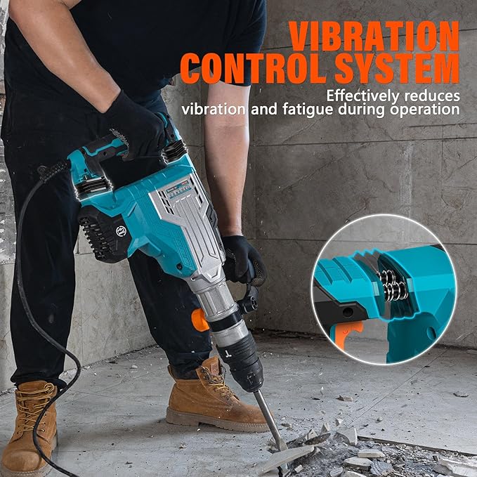 Berserker 1700W 25-Pound SDS-Max Demolition Jack Hammer 65H,14-Amp Corded | Inline Medium & Heavy duty Electric Concrete/Pavement Breaker with Variable Speed,Vibration Control,Carrying Case & 2 Chisels