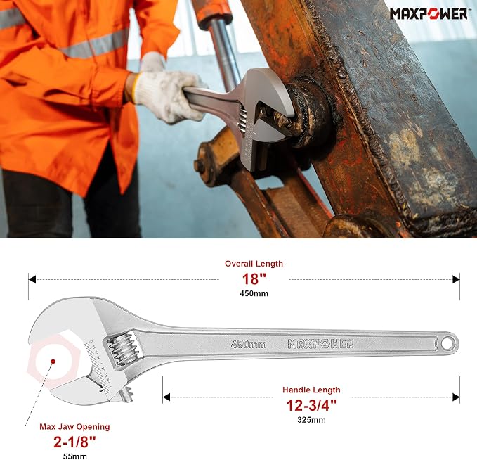 MAXPOWER 18" Adjustable Wrench, 2-1/8" Jaw Opening, Tapered Handle | Adjustable Spanner with SAE/Metric Scales, Polished Finish, and Comfort Grip – Perfect for Plumbing, Nuts, and Pipes