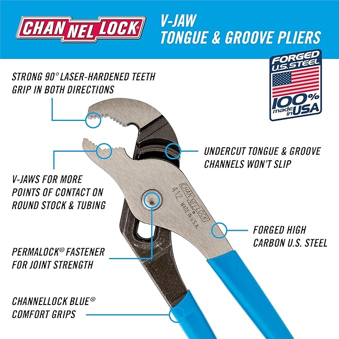 CHANNELLOCK 412 6.5-inch V-Jaw Tongue & Groove Pliers, Made in USA, 0.94-inch Jaw Capacity, Forged High Carbon Steel, More Points of Contact on Round Stock