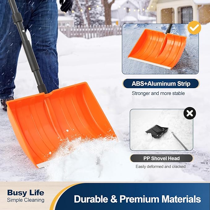 Yocada Snow Shovel 55" Long for Home Garage Driveway Snow Removal with D-Grip Handle Aluminum Strip Large Capacity Orange Shovel for Garden Car Camping Outdoor