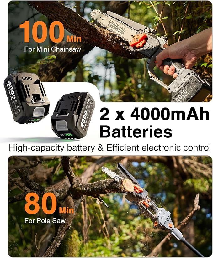 TaskStar 2-in-1 Pole Saw for Tree Trimming, 8-Inch Cordless Brushless Chainsaw with Adjustable Extension Pole, 2×4.0Ah Rechargeable Batteries & Charger, Auto Oiling, 15 Ft Max Reach