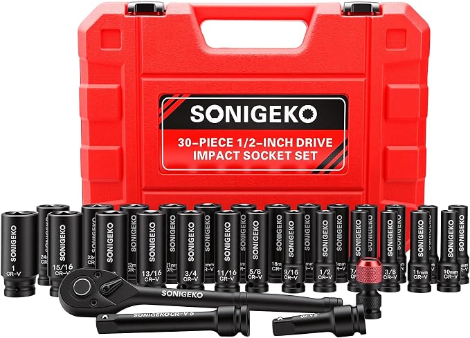 30-Piece 1/2" Drive Deep Impact Socket Set | SAE(3/8"–1")& Metric (10mm–24mm), Includes 3", 5" Extension Bars, Ratchet Wrench & Bit Adapter