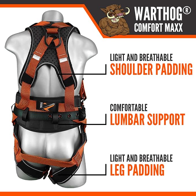 Warthog Comfort MAXX - Safety Harness for Construction – Fall Protection Equipment with Removable Belt and Lumbar Support, Side D-Rings, and Padding, OSHA & ANSI Compliant (XXL)