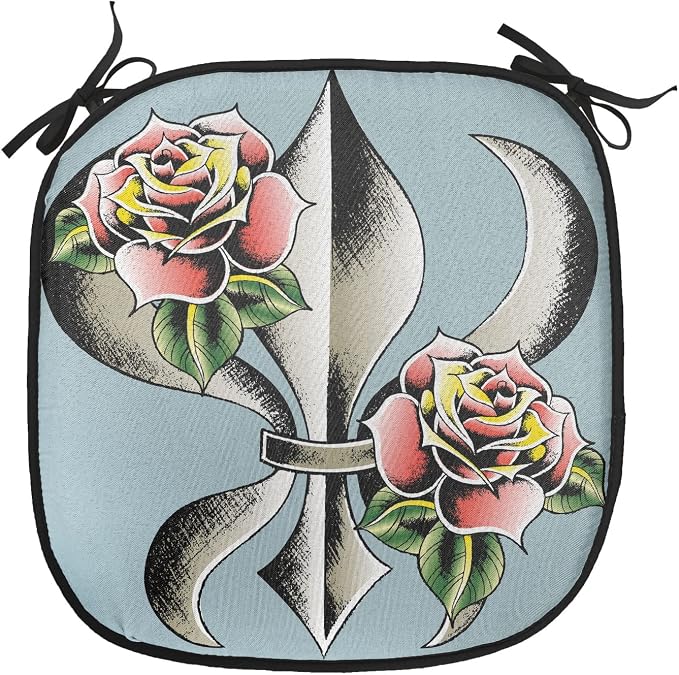Lunarable Fleur De Lis Chair Cushion Pads Set of 4, Fleur-de-Lis Design with Roses Love Power Ornamental Art, Anti-Slip Seat Padding for Kitchen & Patio, 16"x16", Blue Grey Multicolor