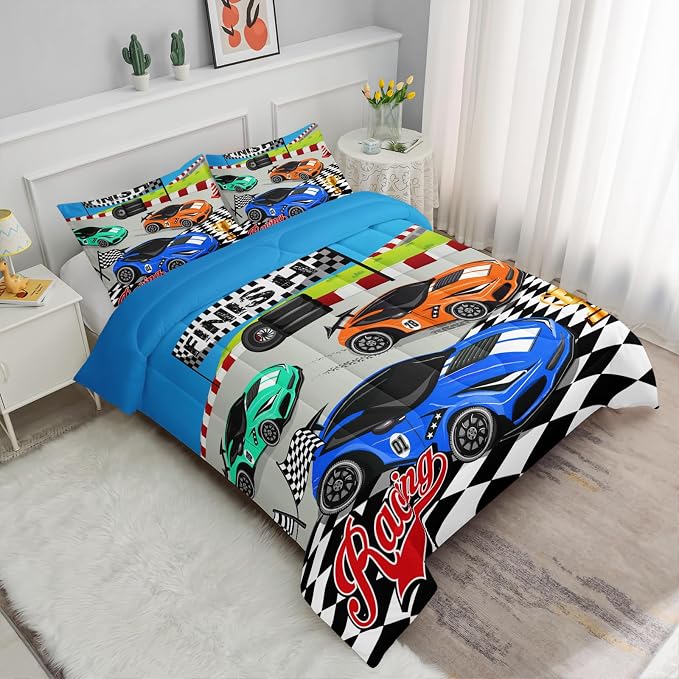 Axolotl Racing Car Bedding Set King,Cool Speed Race Car Comforter for Kids Boys Girls Teens,Racing Cars Quilt Set,Extreme Sport Theme with Three Cars Arrive at Finish,1 Comforter and 2 Pillowcases