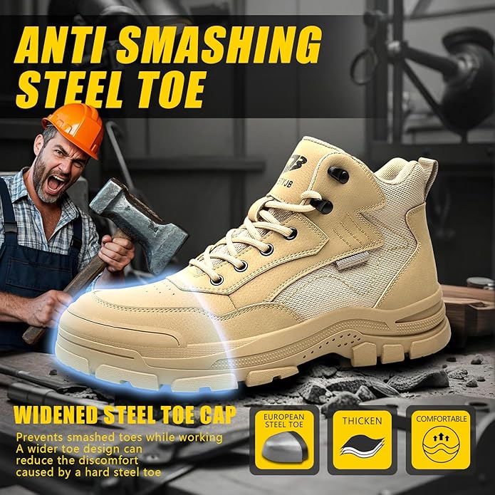 Work Boots for Men,Lightweight Breathable High Top Steel Toe Boots,Indestructible Steel Toe Shoes,Non Slip Safety Work Shoes.