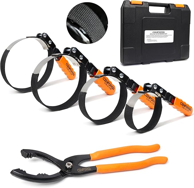 5-PC Swivel Oil Filter Wrench Set with Cover 2-3/4" to 5-1/4" and 2-1/2"to 4-5/8 (64-118mm) Adjustable Oil Filter Plier, Car Oil Filter Removal Tool, Durable & Easy Operation
