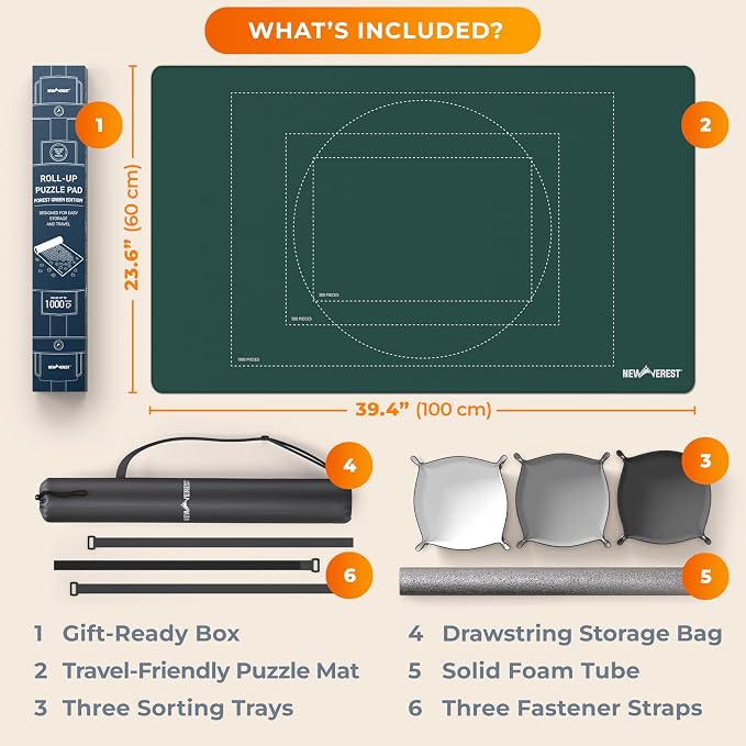 The Original Newverest Jigsaw Puzzle Mat Roll Up, Forest Green, 39.4” x 23.6” Portable Keeper Up to 1000 Pieces with Non-Slip Rubber Bottom & Smooth Top + 3 Puzzle Sorting Trays & Travel Storage Bag
