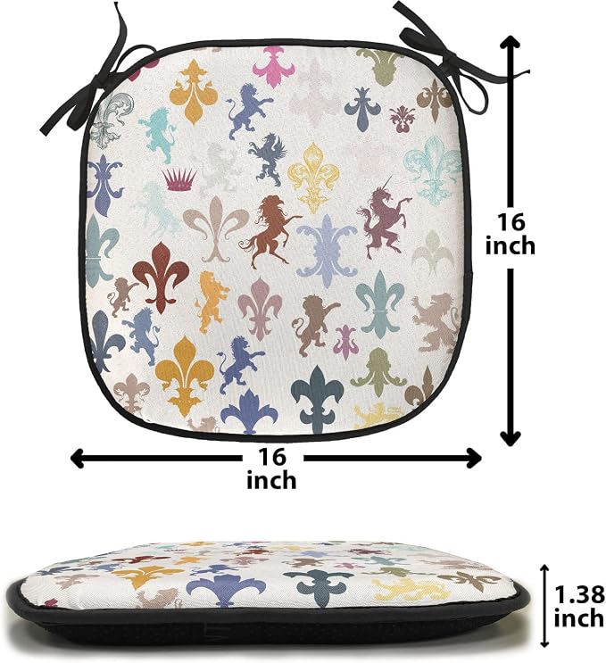 Lunarable Fleur De Lis Chair Cushion Pads Set of 2, Pattern with Lions Horses Griffins Unicorn and Royal Flower Fantasy Art, Anti-Slip Seat Padding for Kitchen & Patio, 16"x16", Ivory Multicolor