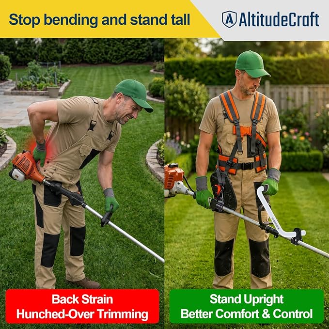 2-in-1 Weed Eater Kit for Tired Back & Shoulders, Patented Weed Eater Handle Extension + Padded Weed Eater Strap Harness, Universal Fit for String Trimmer, Weed Wacker & Brush Cutter