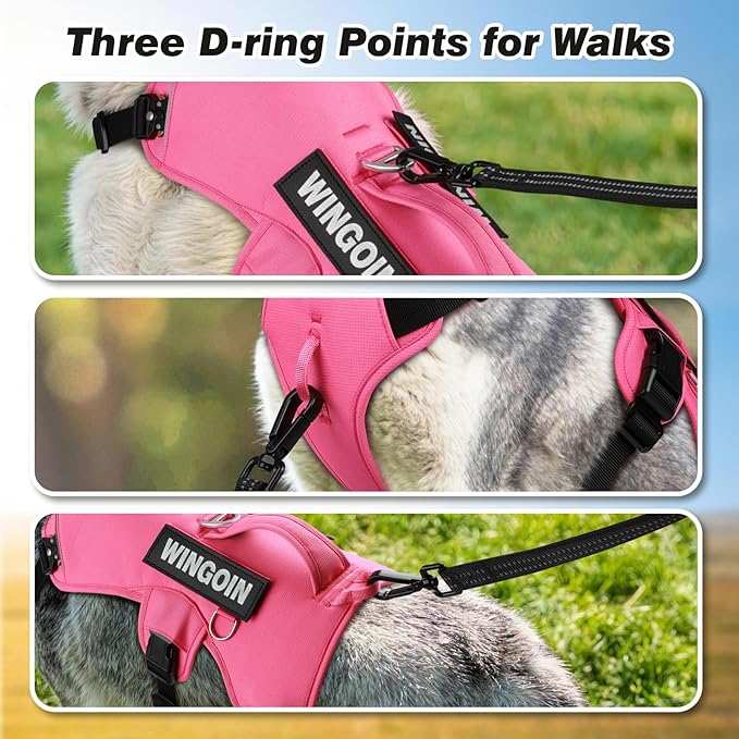 WINGOIN No Escape Dog Harness,Heavy Duty Harnesses for Large Dogs | Adjustable Pet Harness ,with Handle, Leash Front Clip Dog Vest ,for Walking Hiking, Hotpink M