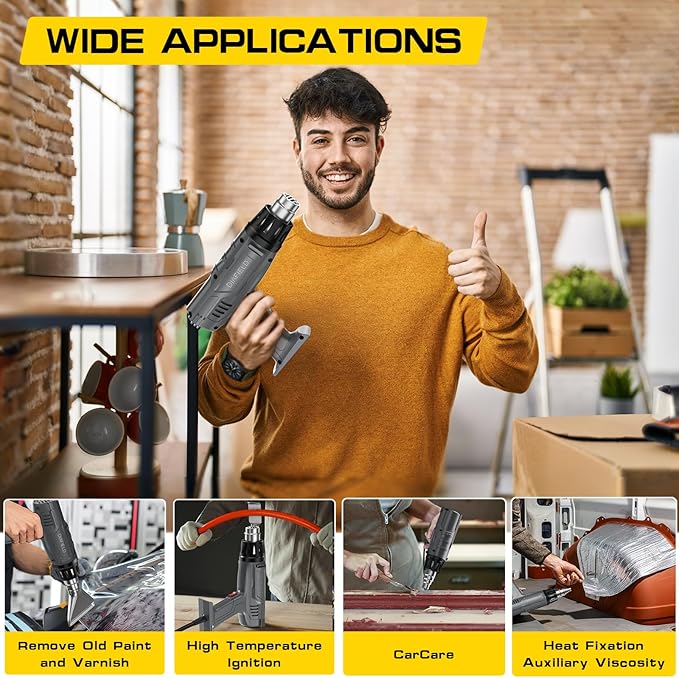 DIAFIELD 1850W Heat Gun, Dual Temperature Settings, Fast Heat Hot Air Gun, Durable& Overload Protection, with 4 Nozzles for Shrink Wrap, Vinyl, Crafts, Epoxy Resin