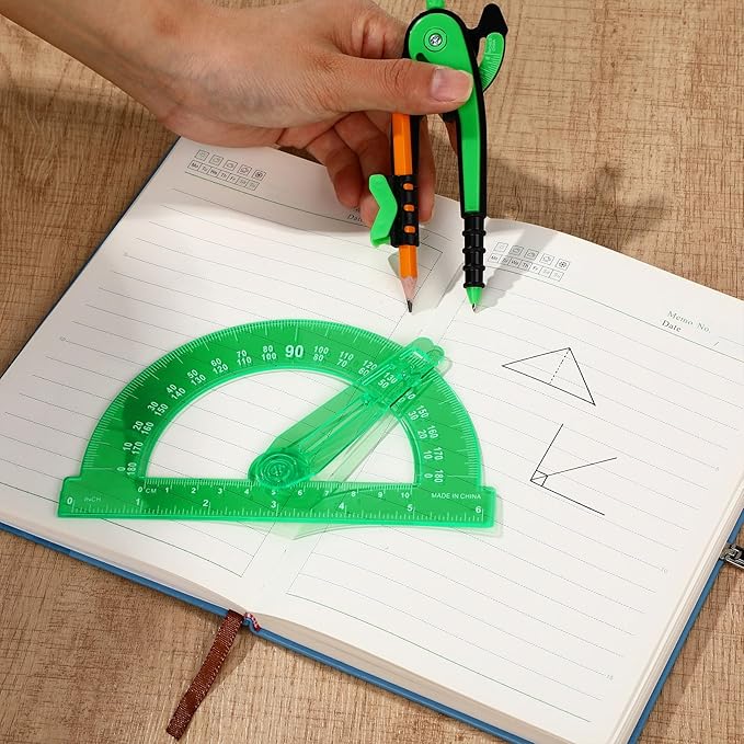 Zonon Student Protractor and Compass Set, Student Geometry Math Set Drawing Compass and 180 Degree 6 Inch Protractor with Swing Arm for Drawing Measuring School Office(Green)