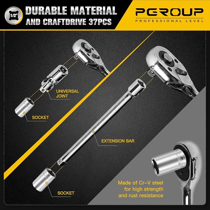 1/2 Inch Drive Metric Socket Set 8-32mm & Combination Wrench Set 8-19mm, 37pcs Mechanic Tool Set for Auto and Bike Repair