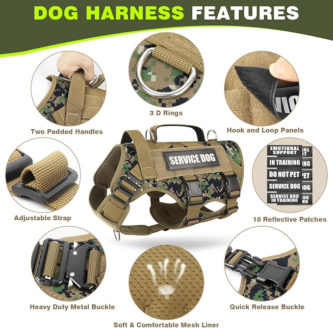Tactical Dog Harness with Dog Leash, Service Working MOLLE Vest with 10 Pet Patches for Dog, No Pull Military Harness and Backpack for Training Hunting Walking