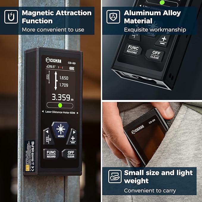 CIGMAN Dual Laser Distance Meter 393ft/120M Bilateral Laser Measurement Tool Rechargeable Laser Measure with M/in/Ft Multiple Units Multifunctional Laser Measure(Laser Level is Class II,Output<1mW)