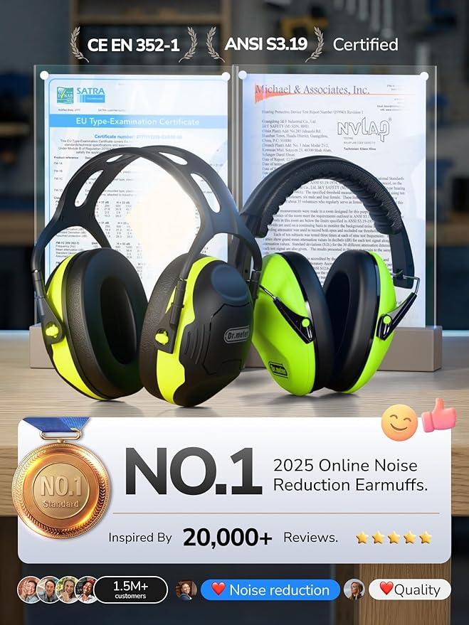 Dr.meter Noise Reduction Ear Muffs, Ear Protection Noise Cancelling Headphones for Adults, Kids Autism Sensory, NRR28dB Hearing Protection Earmuffs for Shooting Gun Range, Mowing, Concerts Green