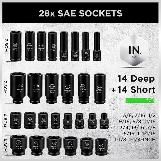 SWANLAKE 1/2" Drive Impact Socket Set, 66-Piece Standard SAE (3/8"-1-1/4") and Metric (8-24mm) Size, 6 Point, Cr-V, 1/2-Inch Drive Ratchet Handle, Extension Bar, Impact Universal Joint