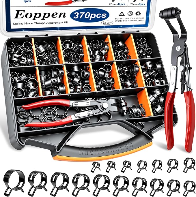 370Pcs 6-25mm Spring Hose Clamps Assortment Kit with 45° angle Hose Clamp Plier - 17 Sizes Constant Tension Hose Clamps for Fuel Line Silicone Vacuum Hose Low Pressure Air Clamps