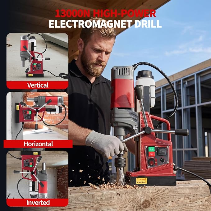 1.57 Inch Magnetic Drill Press, 210mm Max Stroke, 13000N Magnetic Force, 1550W 820 RPM Portable Electric Mag Drill Machine for Metal Drilling, Industrial Grade with Drill Chucks & Annular Cutters Kit
