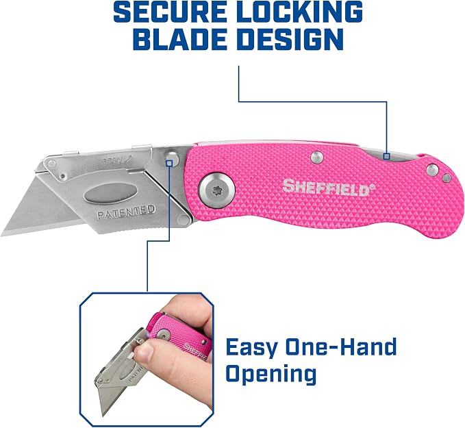 Sheffield 12353 Lock Back Utility Knife 3 Pack with 10 Blades, Quick Change Folding Box Cutter, Aluminum Handle Utility Knives with Pocket Clip, Pink, Purple & Light Blue