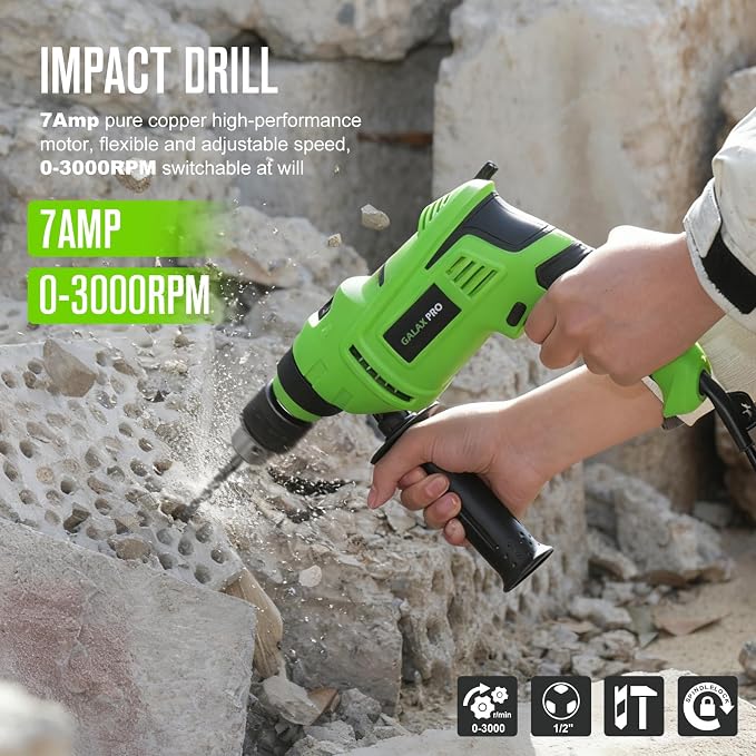 GALAX PRO 7Amp 850W 2-in-1 Hammer Drill, 0-3000 RPM, 13 mm Metal Chuck, 360° Adjustable Auxiliary Handle, Comes with 13 Accessories, Suitable for Concrete, Metal, and Wood