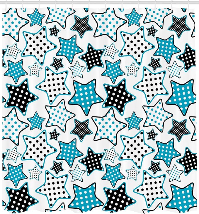 Ambesonne Cartoon Shower Curtain, Stars Shapes Cartoon Illustration Geometry Cheer Celebration, Cloth Fabric Bathroom Decor Set with Hooks, 69" W x 75" L, Petrol Blue Black White