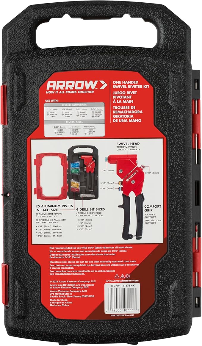 Arrow RT187SHK Swivel Head One-Handed Rivet Tool Kit, Manual Riveter Set for Metal and Auto Repair, uses 3/32", 1/8", 5/32", 3/16" Rivets, Includes Storage Case, 100 Rivets, and 4 Drill Bits