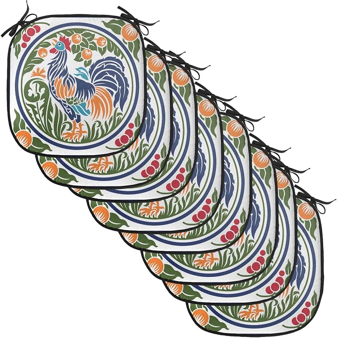 Lunarable Gallus Chair Cushion Pads Set of 8, Rooster Earth Fruit Growth Harvest Dandelion Vegetables, Anti-Slip Seat Padding for Kitchen & Patio, 16"x16", Olive Green Night Blue