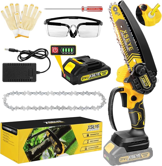 XSEYE Mini Chainsaw Cordless 6 inch, Handheld Small Battery Chain Saw with Auto Oiling, Electric Saws for Wood/Tree Branch Cutting, Garden Tool, Mens Dad Fathers Day Birthday Gifts for Grandpa Husband