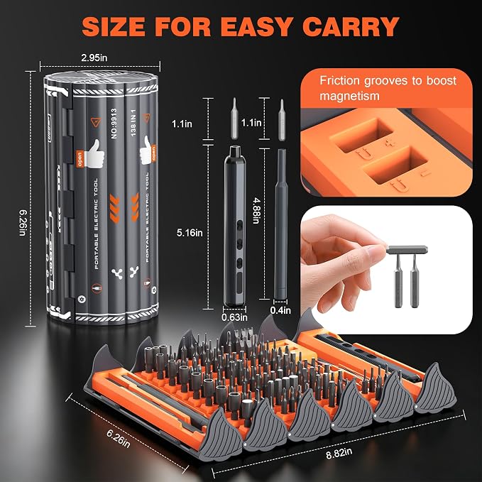 138-IN-1 Electric Screwdriver Set Cordless, Rechargeable Screw Driver with LED Light, 120 Precision Bits, Magnetic Storage Professional Home Repair Tool Kit for Electronics, Camera, Watch, PC RC