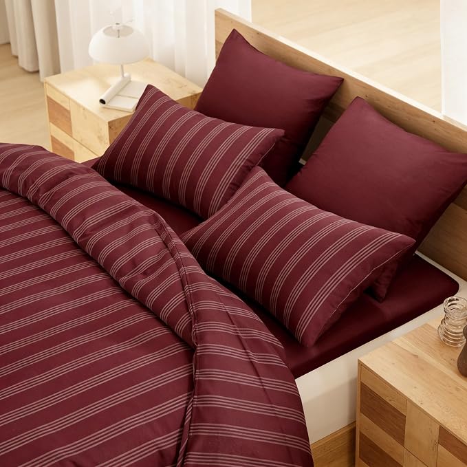 Sedefen Striped Duvet Cover Set Queen Size Red Vintage Striped Patterned Bedding Set Soft Breathable Microfiber Bedding Set with 2 Pillowcases