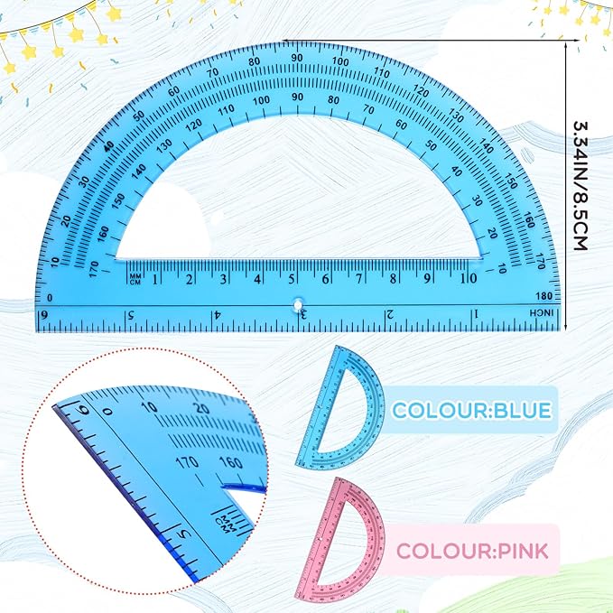 EBOOT Plastic Protractor Math Protractors 180 Degrees, 6 Inch, Pack of 2 (Pink, Blue)