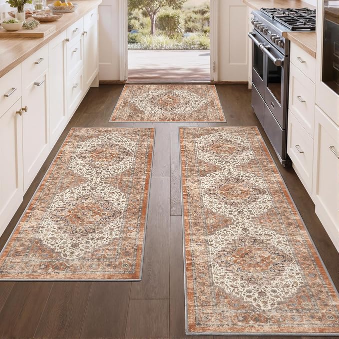 Color&Geometry Vintage Kitchen Rugs Sets of 3, Machine Washable 4mm Ultra Thin Stain Resistant Kitchen Floor Mats, Non Slip TPE Backing Runner for Sink,Hallway,Laundry,Entryway (2x3+2x5+2x7)