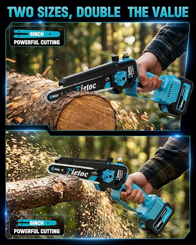 TIETOC 2-in-1 Brushless Pole Saw for Tree Trimming – 8/6" Mini Electric Chainsaw with 2×4000mAh Batteries, Auto Oiling, Tool-Free Adjustment,Cordless Battery Powered Saw for Home Garden Branch Cutting