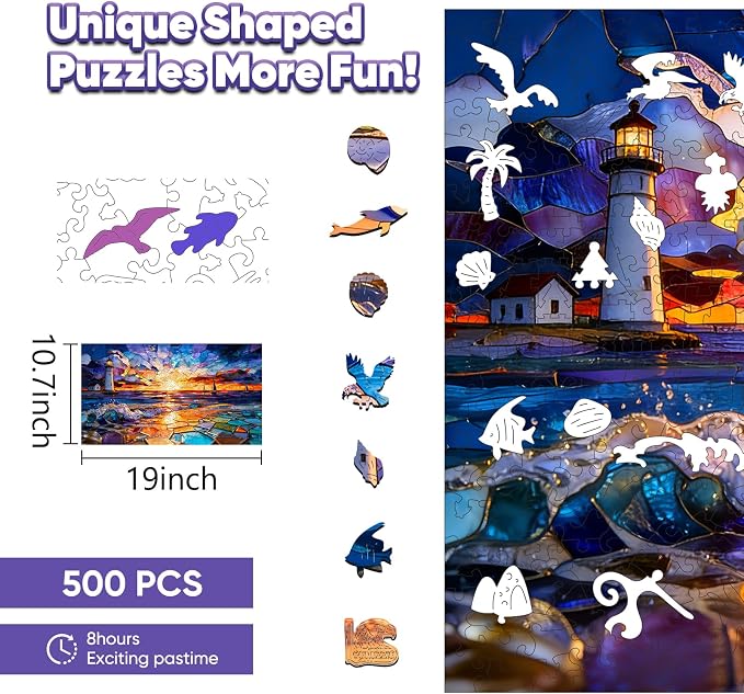 Leodozzio Sunset Lighthouse Wooden Jigsaw Puzzles 500 Pieces, Stained Glass Puzzle, 5MM Thick Unique Shaped Ocean Wooden Puzzle for Adults, Nautical Art Gift, Family Game, 10.7x19 Inch