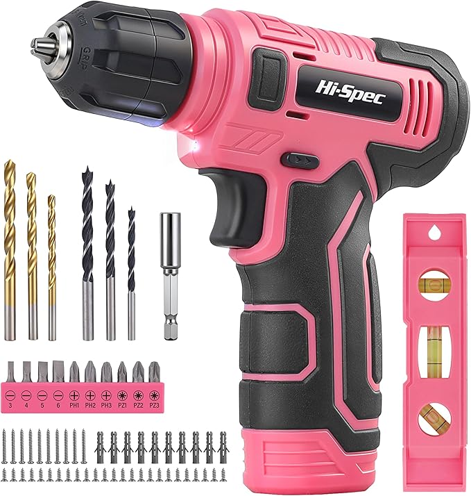 Hi-Spec Cordless Drill Set, 8V USB Pink Power Drill Driver & Screw Bit Set for Women. Ladies Cordless & Rechargeable Electric Drill Driver with Wall Hanging Kit