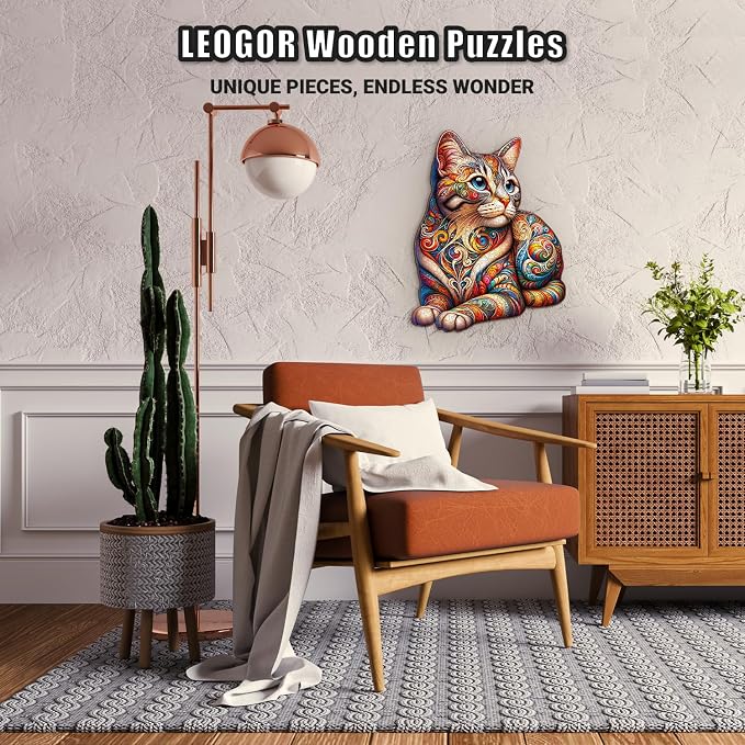 LEOGOR Wooden Puzzles for Adults 500 Piece (16.8 x 21.9 in), Mosaic Cat Jigsaw Puzzle, Extra-Thick 5mm Wood Puzzle Adult, Unique Animal Shaped Pieces, Challenging Large Brain Teaser Puzzle for Adults