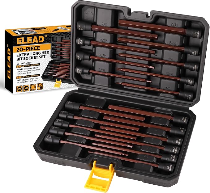 Extra-Long Allen Hex Bit Socket Set: 20-Piece 3/8 Inch Drive, 150mm S2 Steel, Standard SAE & Metric (1/8-Inch - 7/16-Inch, 3-12mm) for Impact Drills and Ratchet Wrenches