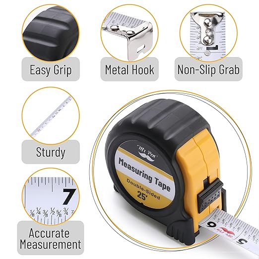 Mr. Pen- Retractable Tape Measure 25 ft, Easy Read, Double Sided Steel Retractable Measuring Tape with Fractions, Ideal for Construction & DIY Projects