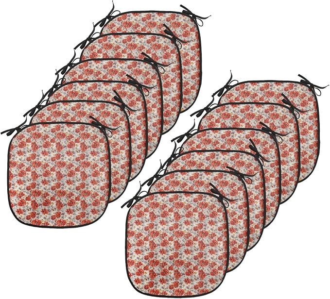 Lunarable Flower Chair Cushion Pads Set 12, Blooming Poppies Ladybug Bumblebee Bee and Butterflies Summer Joyful, Anti-Slip Seat Padding for Kitchen & Patio, 16"x16", Vermilion Yellow Beige