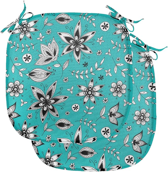 Lunarable Flower Chair Seating Cushion Set of 2, Abstract Monochrome Floral with Botanical Items, Anti-Slip Seat Padding for Kitchen & Patio, 16"x16", Seafoam Grey