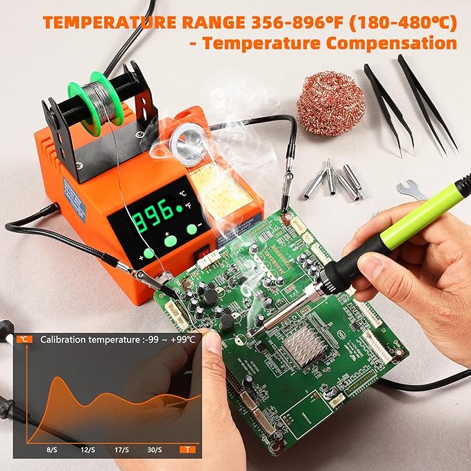 Soldering Station, 100W Digital Display Soldering Iron Station Kit with 2 Helping Hands, 356°F - 896°F, Auto Sleep, °C/°F Conversion, Solder Wire, Tips, Stand, Pump, Tweezers, Tip Cleaner, Orange